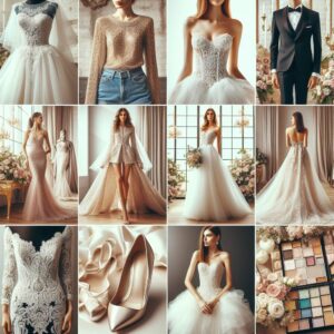 images of various wedding dresses, bridesmaid dresses, accessories like shoes and veils, and happy customers.